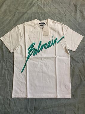 Balmain White T-Shirt with Teal Script Logo